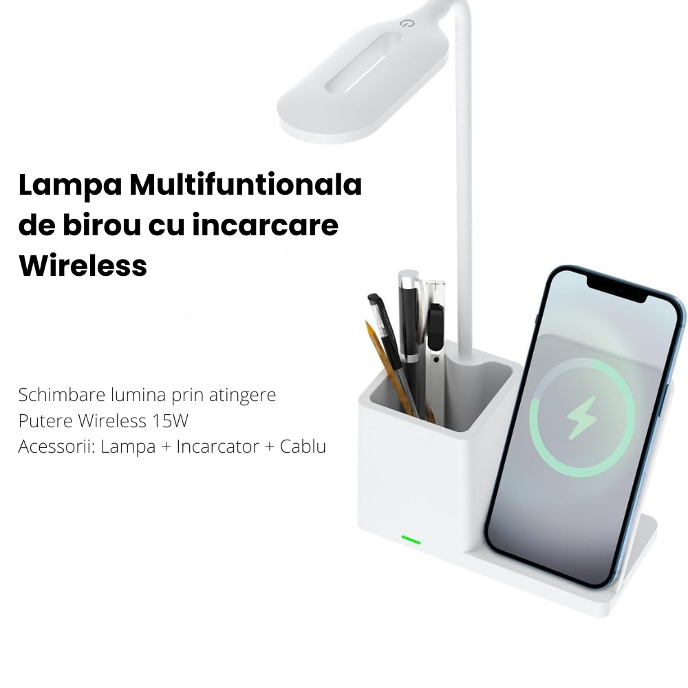 Lampa Led de Birou, Masa si Noptiera Multifunctionala 3 in 1 Business Pro Binovation® cu incarcare Wireless Wanty