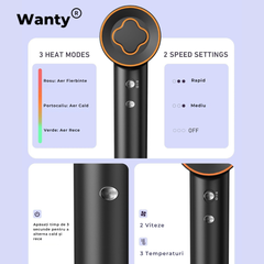 Uscator de Par Ionic Profesional Wanty®, Feon, 150.000 RPM, 1500W, 2 Viteze cu 3 Trepte de Temperatura 30° 50° 80° Wanty
