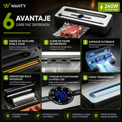 Aparat de Vidat si Sigilat Alimente ProLine Wanty®️, Clasa A, Putere 240W, -70kPa