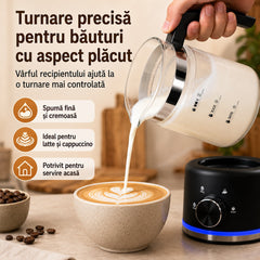 spuma de lapte turnata din recipientul detasabil intr-un cappuccino