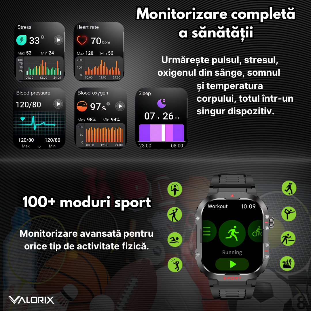 Ceas Smartwatch Valorix®, Ecran 1.96" HD