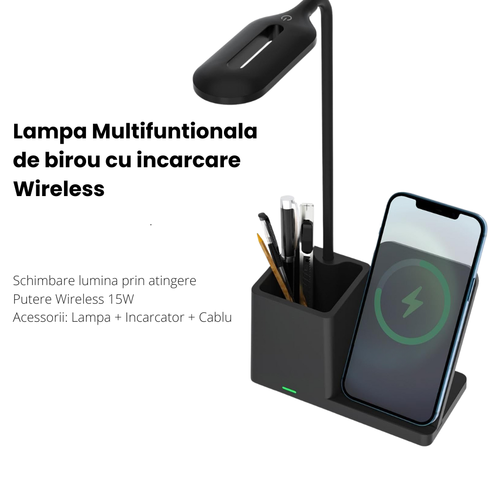 Lampa Led de Birou, Masa si Noptiera Multifunctionala 3 in 1 Business Pro Binovation® cu incarcare Wireless