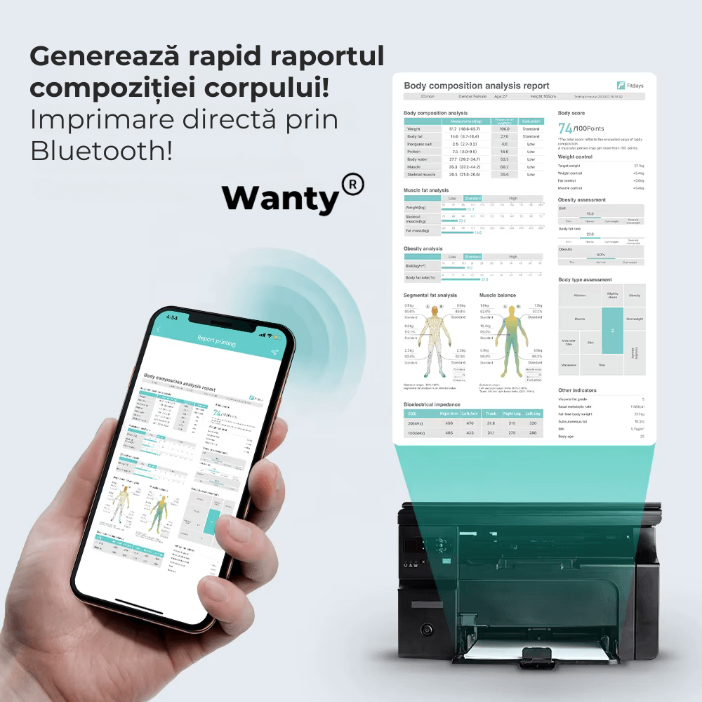 Cantar Corporal Inteligent Profesional Wanty®, 18 Indici Corporali, 8 Senzori de analiza