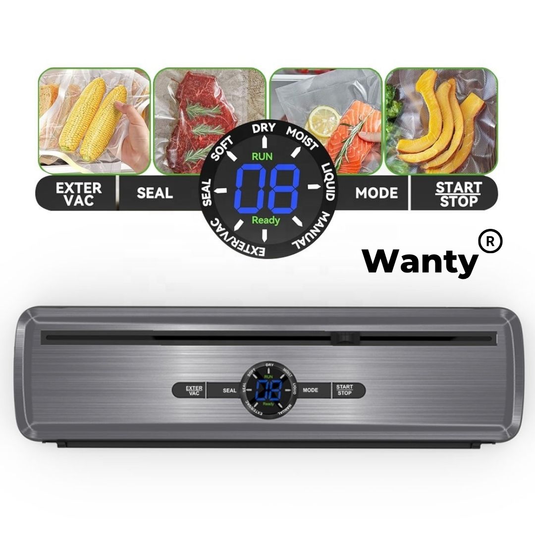 Aparat de Vidat si Sigilat Alimente Automat Wanty®️, Clasa A, Putere 135W, 2 Motoare -70kPa, Bara de lipire de 32cm, Latime lipire 5mm