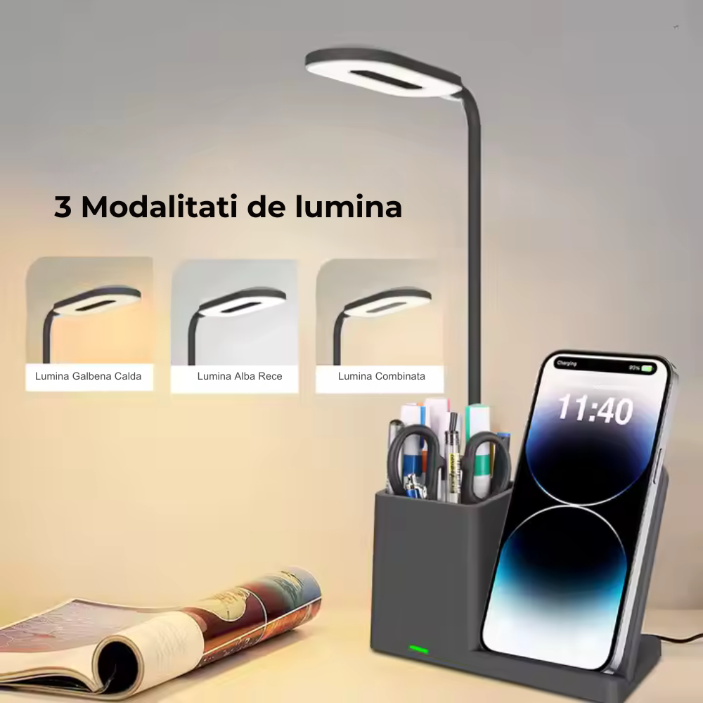 Lampa Led de Birou, Masa si Noptiera Multifunctionala 3 in 1 Business Pro Binovation® cu incarcare Wireless