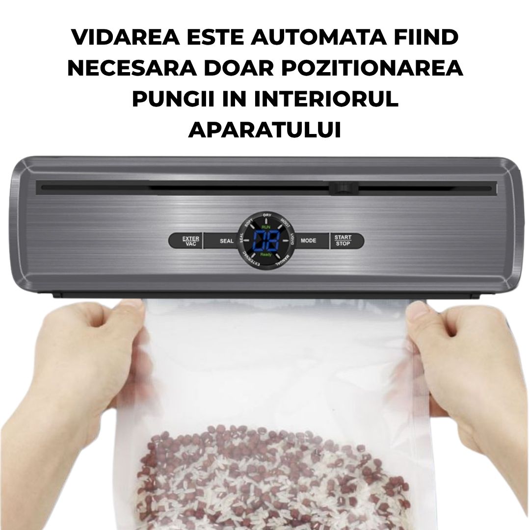 Aparat de Vidat si Sigilat Alimente Automat Wanty®️, Clasa A, Putere 135W, 2 Motoare -70kPa, Bara de lipire de 32cm, Latime lipire 5mm