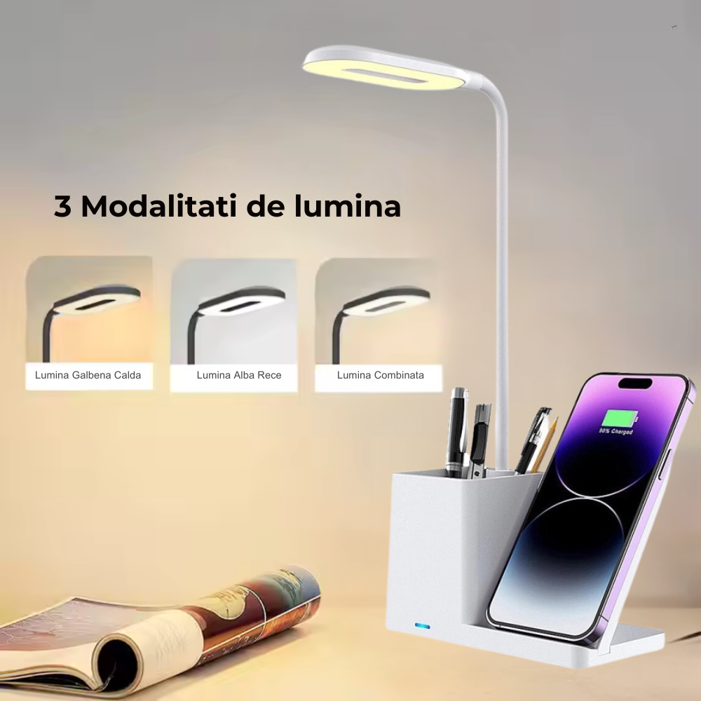 Lampa Led de Birou, Masa si Noptiera Multifunctionala 3 in 1 Business Pro Binovation® cu incarcare Wireless