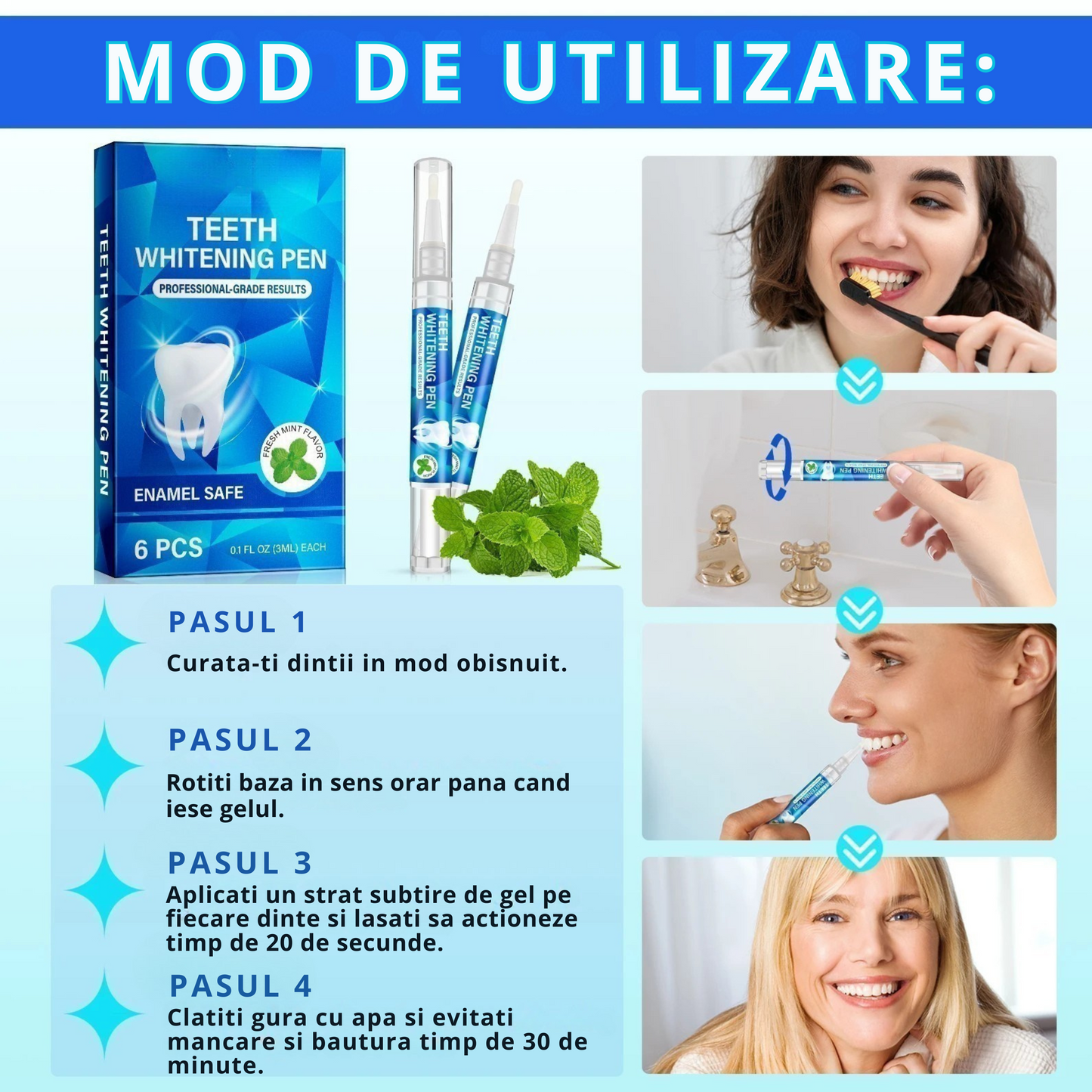 Set 6 x Stilou Gel Profesional pentru Albirea Dintilor Binovation, 3 ml fiecare, Aroma Menta, Potrivit pentru Dinti Sensibili