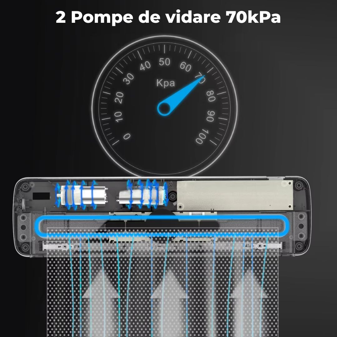 Aparat de Vidat si Sigilat Alimente Automat Wanty®️, Clasa A, Putere 135W, 2 Motoare -70kPa, Bara de lipire de 32cm, Latime lipire 5mm