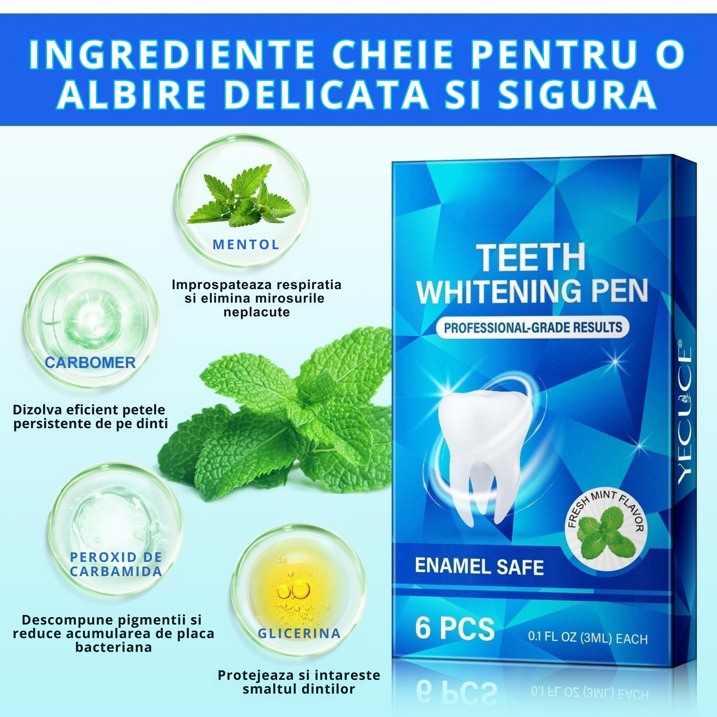 Set 6 x Stilou Gel Profesional pentru Albirea Dintilor Binovation, 3 ml fiecare, Aroma Menta, Potrivit pentru Dinti Sensibili