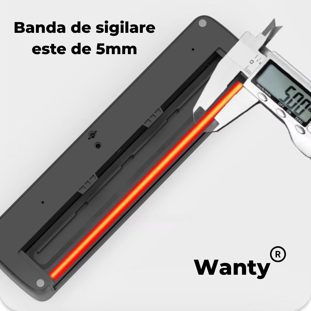 Aparat de Vidat si Sigilat Alimente Automat Wanty®️, Clasa A, Putere 135W, 2 Motoare -70kPa, Bara de lipire de 32cm, Latime lipire 5mm