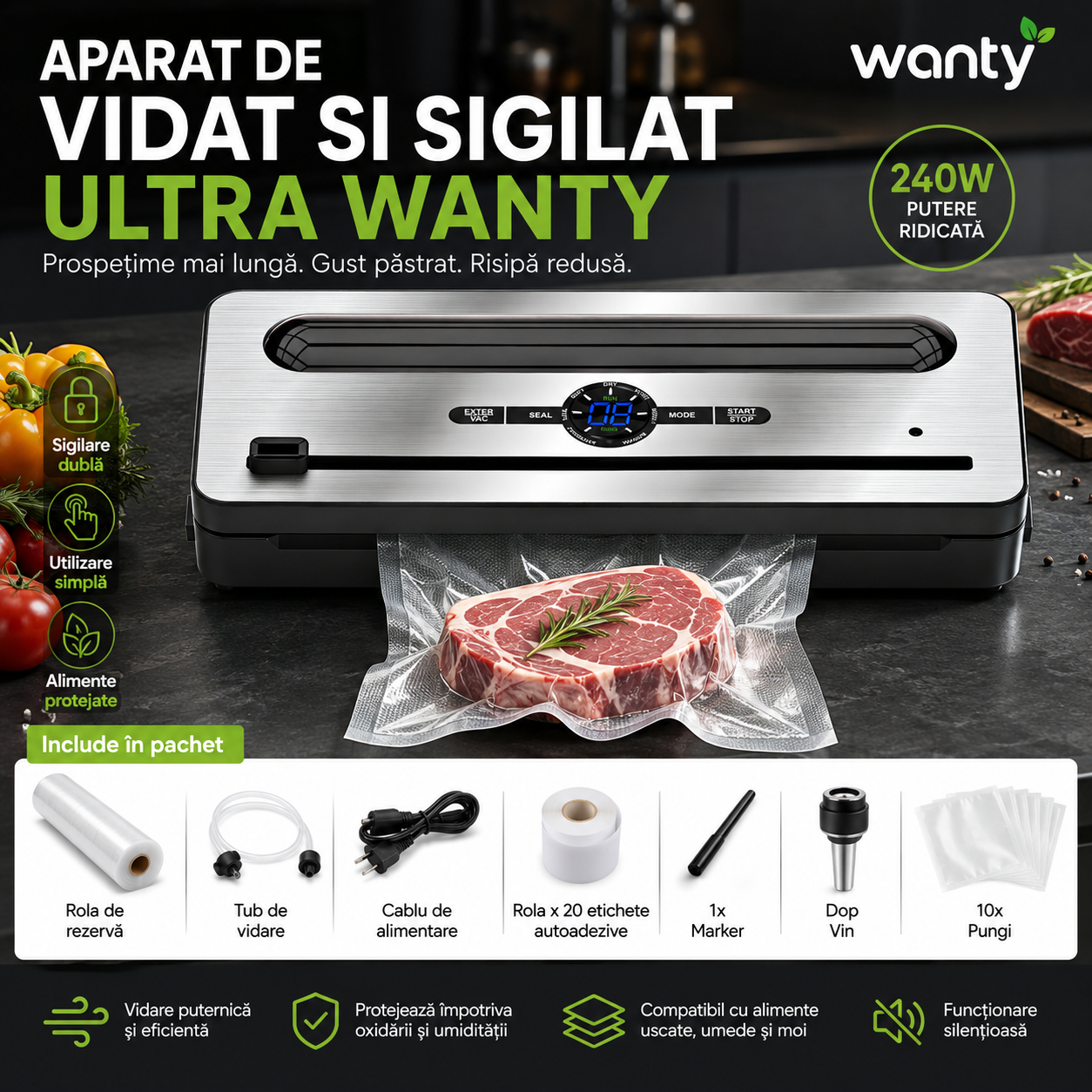 Aparat de Vidat si Sigilat Alimente ProLine Wanty®️, Clasa A, Putere 240W, -70kPa