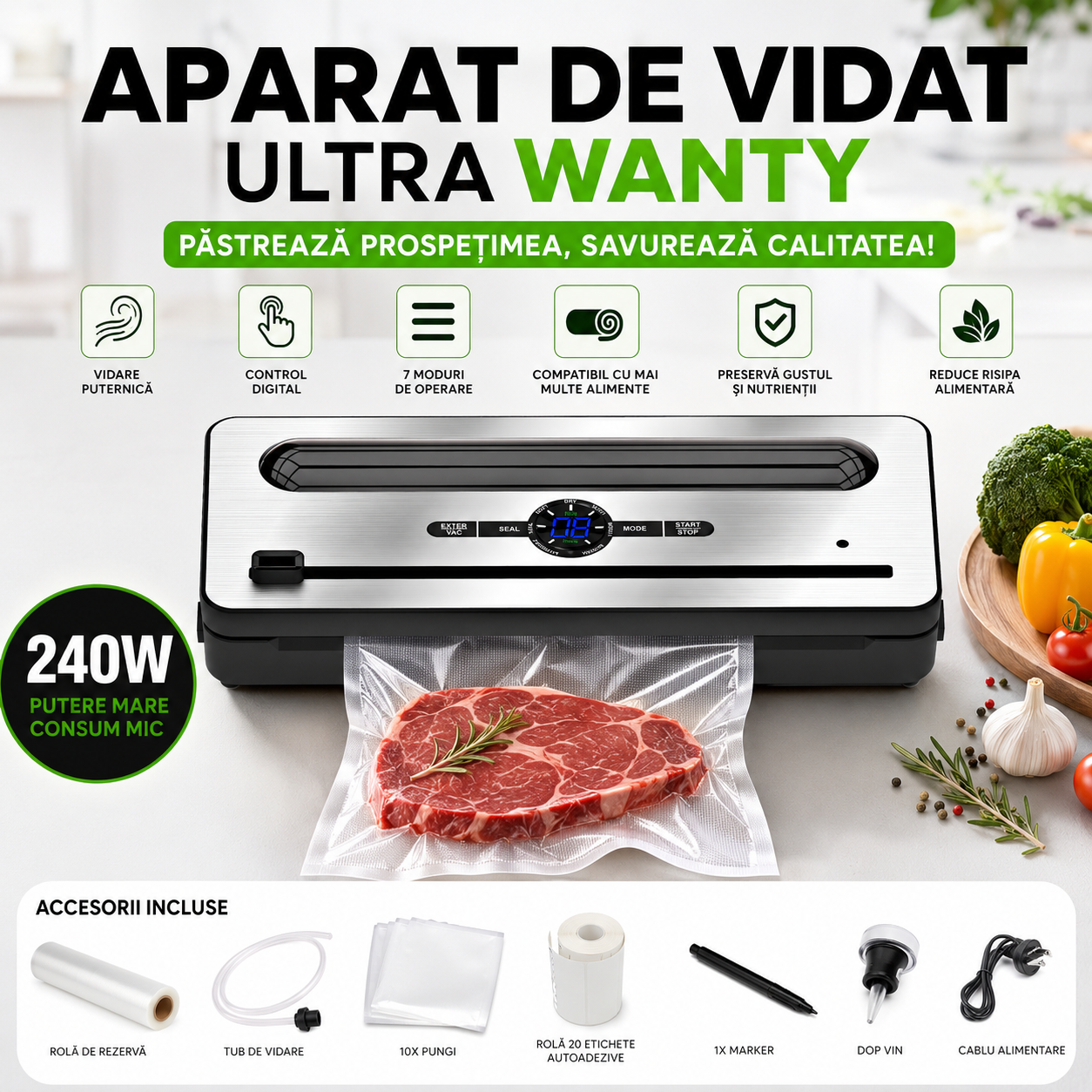 Aparat de Vidat si Sigilat Alimente ProLine Wanty®️, Clasa A, Putere 240W, -70kPa