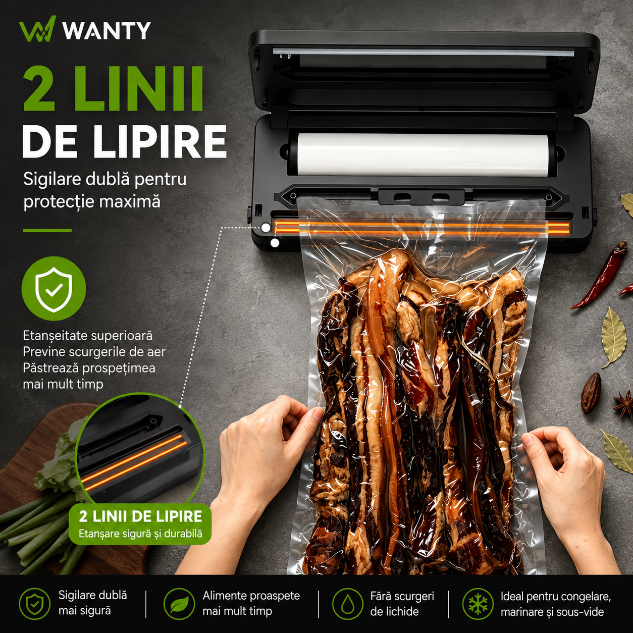 Aparat de Vidat si Sigilat Alimente ProLine Wanty®️, Clasa A, Putere 240W, -70kPa