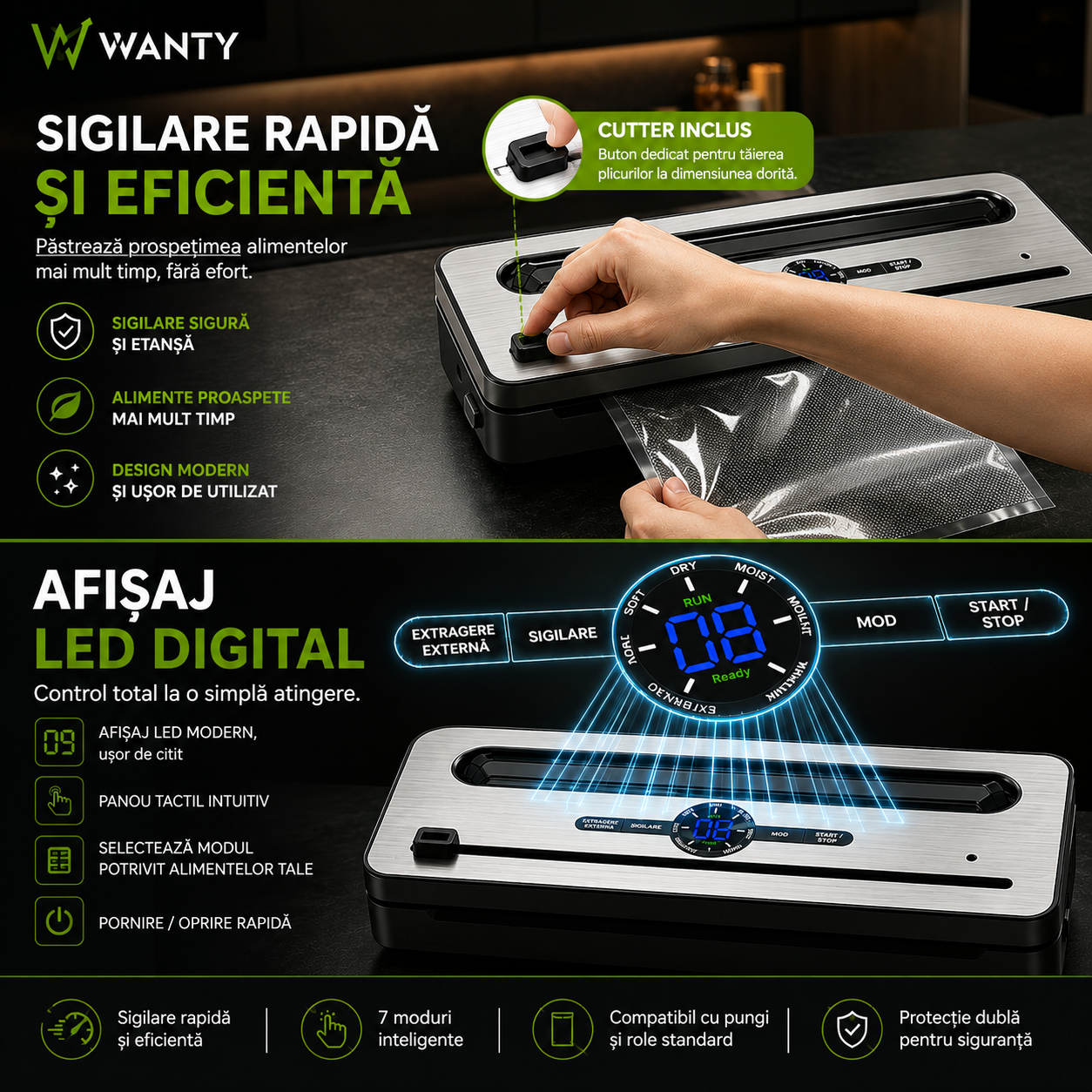Aparat de Vidat si Sigilat Alimente ProLine Wanty®️, Clasa A, Putere 240W, -70kPa