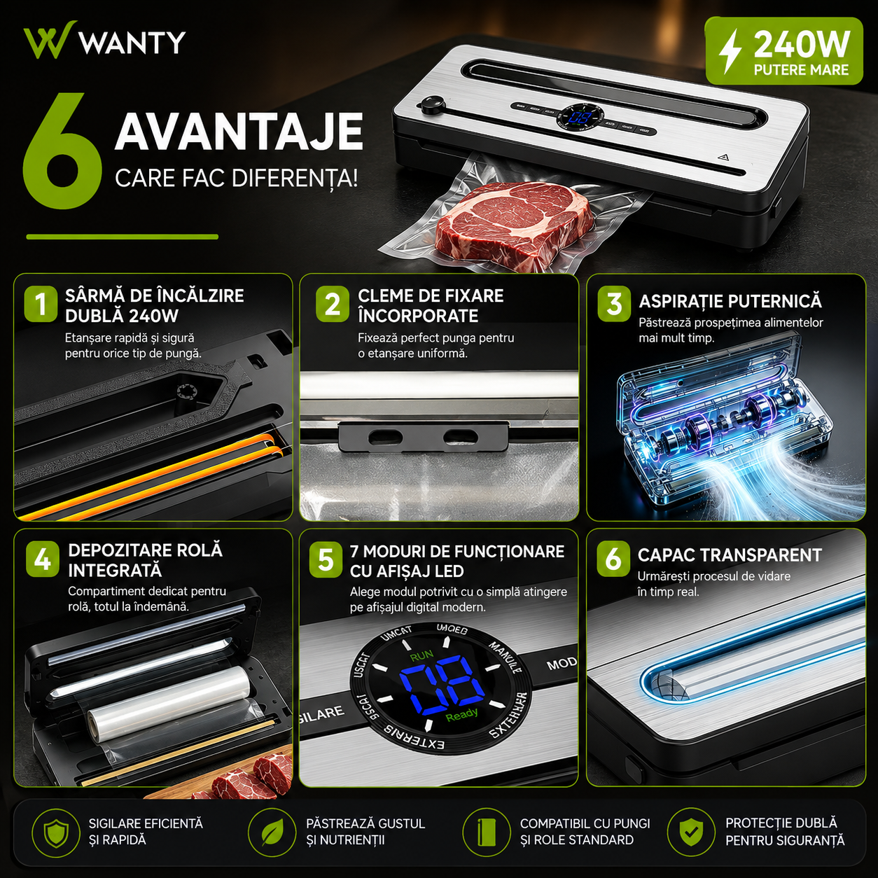 Aparat de Vidat si Sigilat Alimente ProLine Wanty®️, Clasa A, Putere 240W, -70kPa