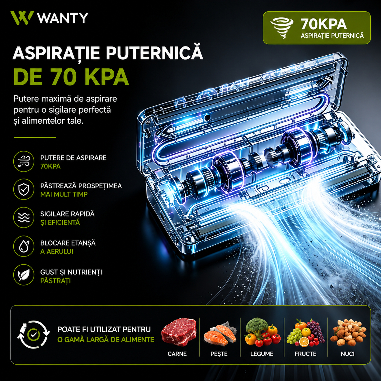 Aparat de Vidat si Sigilat Alimente ProLine Wanty®️, Clasa A, Putere 240W, -70kPa