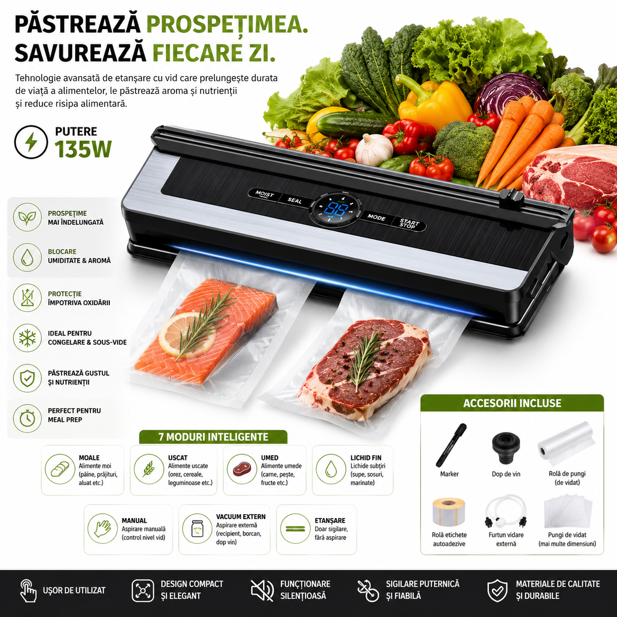 Aparat de Vidat si Sigilat Alimente Wanty 135W, Lungime lipire 30cm, Latime 5mm, Rola x600 etichete autoadezive, 1x Marker, Dop Vin si 10x Pungi incluse