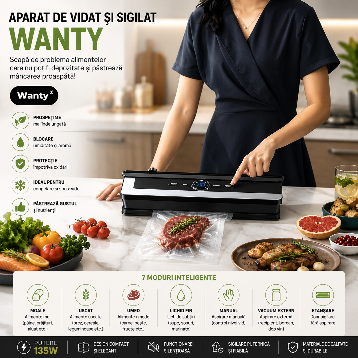 Aparat de Vidat si Sigilat Alimente Wanty 135W, Lungime lipire 30cm, Latime 5mm, Rola x600 etichete autoadezive, 1x Marker, Dop Vin si 10x Pungi incluse