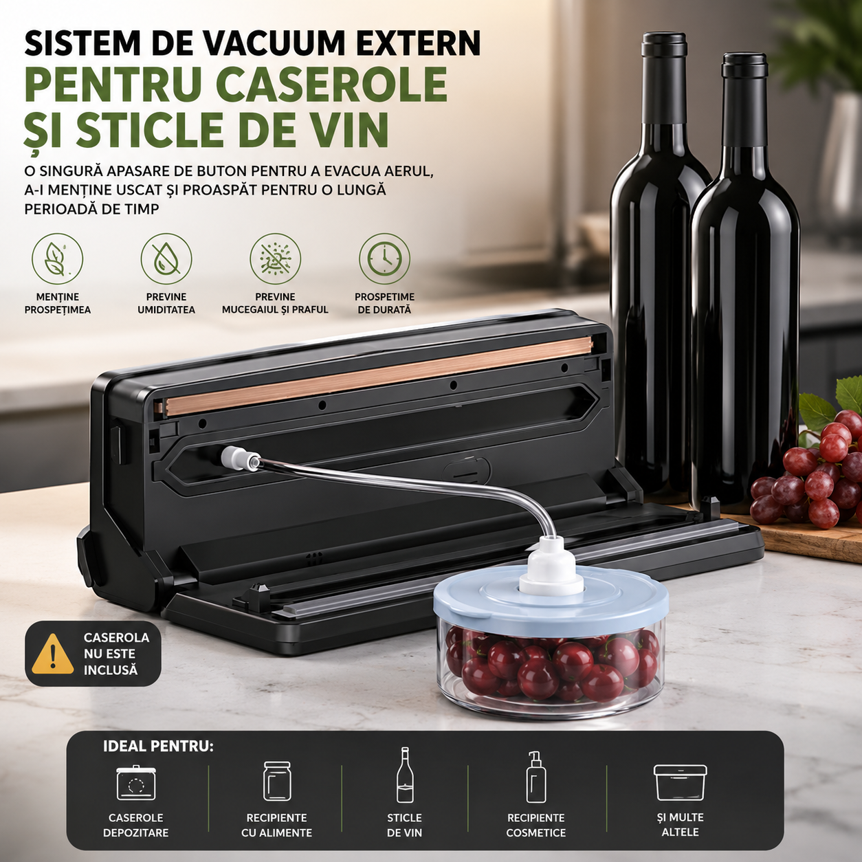 Aparat de Vidat si Sigilat Alimente Wanty 135W, Lungime lipire 30cm, Latime 5mm, Rola x600 etichete autoadezive, 1x Marker, Dop Vin si 10x Pungi incluse