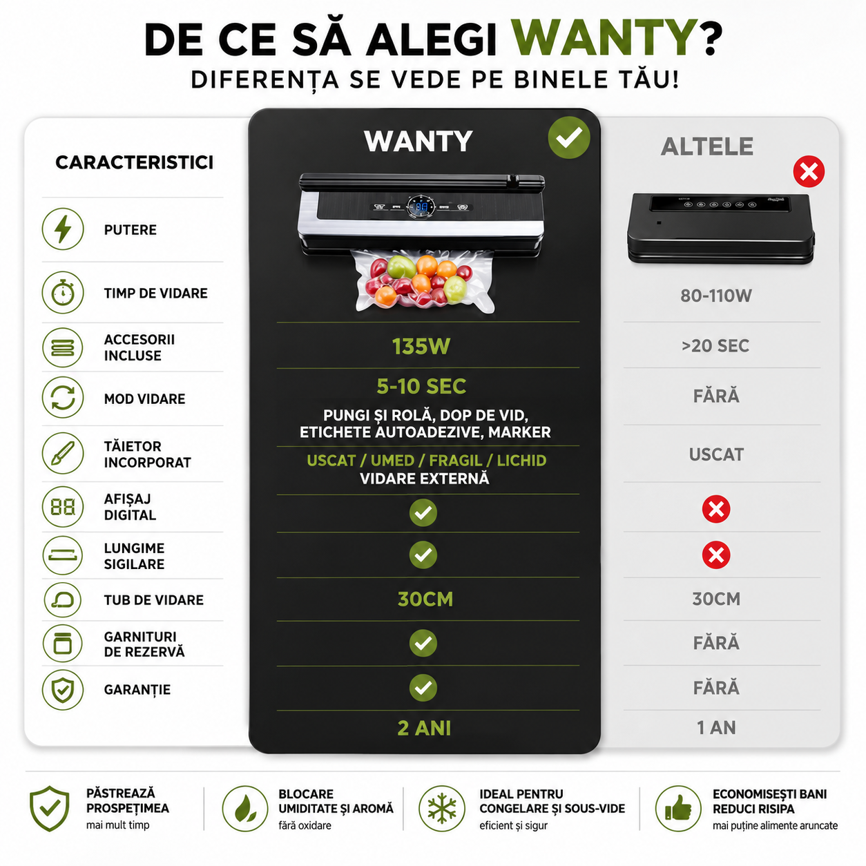 Aparat de Vidat si Sigilat Alimente Wanty 135W, Lungime lipire 30cm, Latime 5mm, Rola x600 etichete autoadezive, 1x Marker, Dop Vin si 10x Pungi incluse
