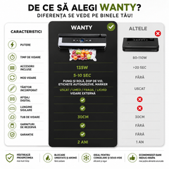 Aparat de Vidat si Sigilat Alimente Wanty 135W, Lungime lipire 30cm, Latime 5mm, Rola x600 etichete autoadezive, 1x Marker, Dop Vin si 10x Pungi incluse
