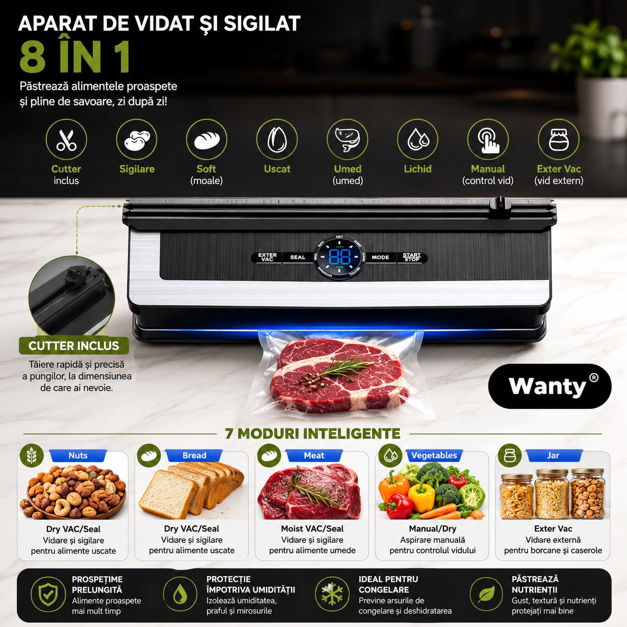 Aparat de Vidat si Sigilat Alimente Wanty 135W, Lungime lipire 30cm, Latime 5mm, Rola x600 etichete autoadezive, 1x Marker, Dop Vin si 10x Pungi incluse