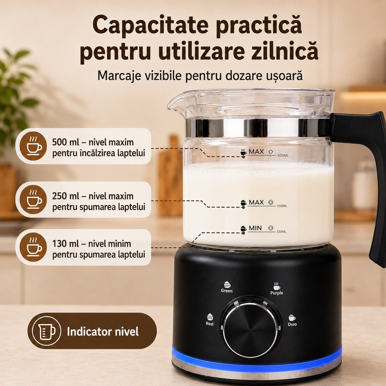 recipient spumator de lapte cu marcaje de nivel pentru 130, 250 si 500 ml