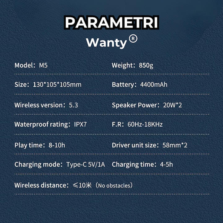 Boxa portabila Pro Wanty®, Deep Bass, Lumini RGB, Putere 40W, Baterie 4400mAh, Bluetooth 5.3, Triplu EQ Sound, Wanty