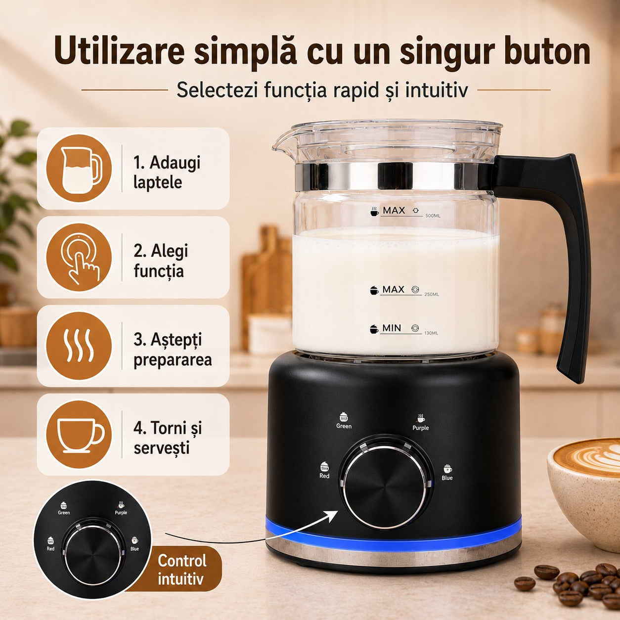 spumator de lapte cu buton rotativ: adaugi laptele, alegi functia si servesti