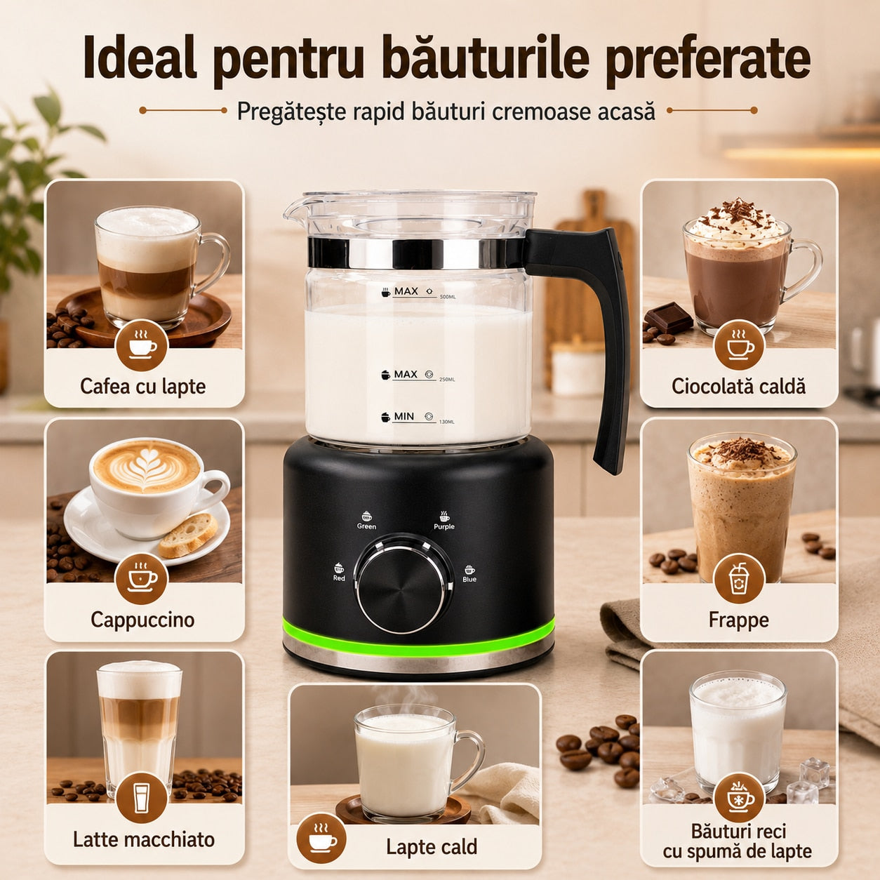 spumator de lapte pentru cafea cu lapte, cappuccino, latte macchiato, ciocolata calda si frappe